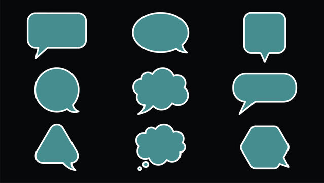 Collection of Teal Speech Bubbles and Comic Text Clouds with White Outlines Isolated on Black Background