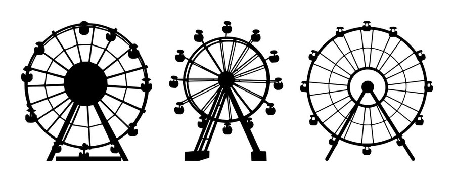 Amusement Park Wheel set with solid black icon on white background featuring amusement park, roller coaster, carnival with iconography and vector design