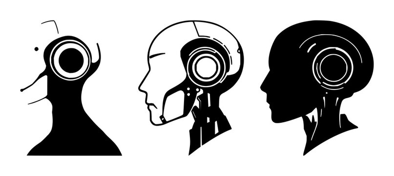 Machine learning robot head profile set with solid black icon on white background featuring robot, AI, machine learning with icon and vector