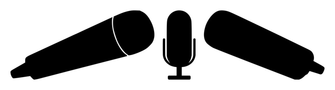 Microphone icon set with solid black silhouette on white background featuring voice command, audio, electronics with communication and audio technology