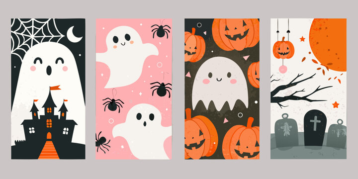 Halloween Ghost And Pumpkin Vector Illustrations With Spooky Elements
