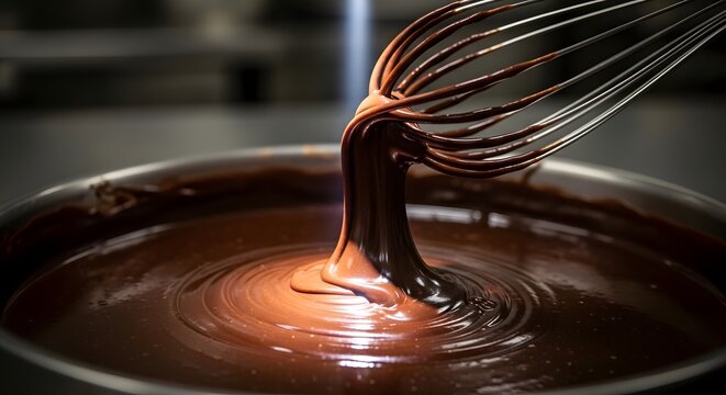 Rich chocolate mixture being whisked in a bowl