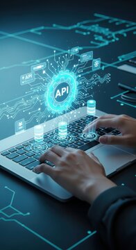 Developer working on computer with holographic api software interface and digital data nodes, software