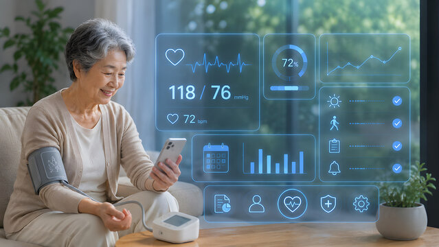 AI 시니어 헬스케어,미래형 헬스케어 대시보드를 확인하는 시니어

Generating AI