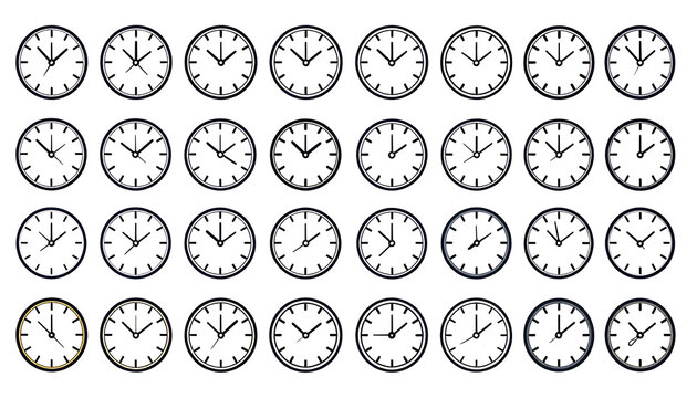 Collection of pixel art clock faces showing various times, each with a simple circular border and line markers