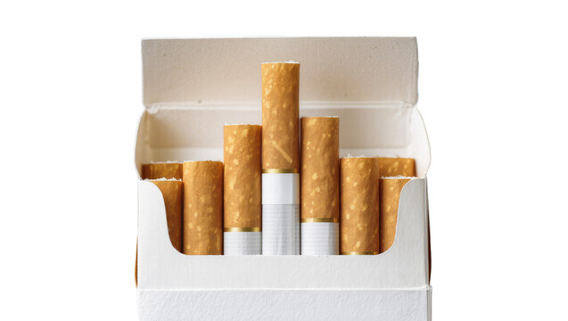 Open pack of cigarettes with golden brown tobacco and white filters, isolated on transparent background
