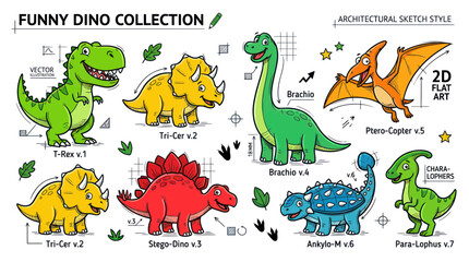 Funny Dinosaur Collection - Cute Cartoon Characters, Architectural Sketch Style © wati