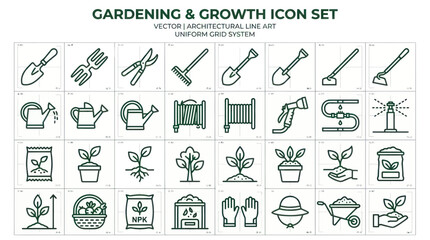 Fototapeta premium Gardening and Growth Icon Set: Tools, Plants, and Supplies