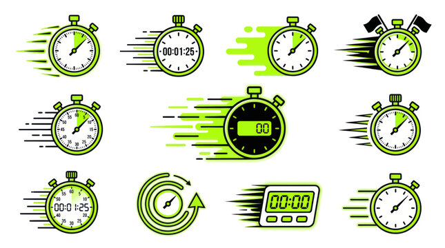 Fast Stopwatch Icons Set, Speed and Time Measurement Collection