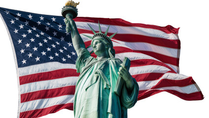 Green patina Statue of Liberty holding torch and tablet, isolated on transparent background © Sorin