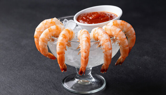 Classic shrimp cocktail on ice with dipping sauce in glass bowl
