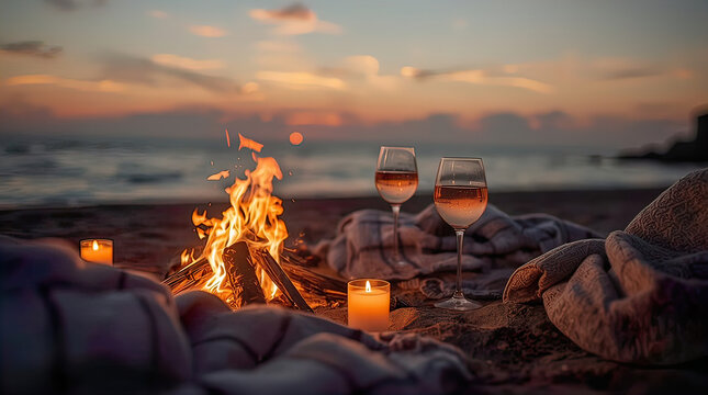 Beach picnic scene with a campfire, wine glasses, and blankets at sunset near the ocean shoreline