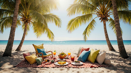 Obraz premium Beach picnic setup featuring colorful cushions, tropical fruits, and drinks under palm trees with a serene ocean view in the background
