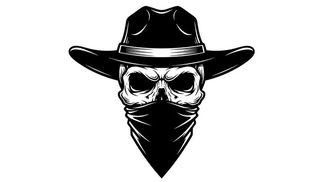 Black and White Cowboy Skull with Bandana Vector Illustration
