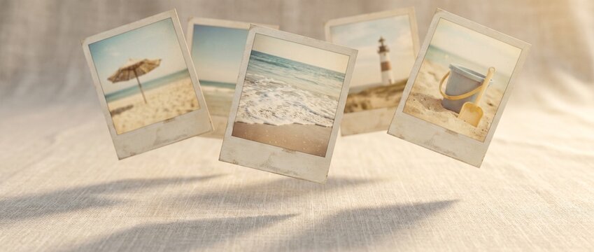 A stack of vintage Polaroid frames floating above a calm linen background