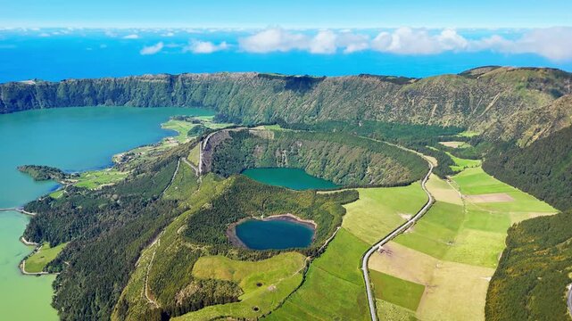 Scenic Sete Cidades with Santiago and Rasa lakes in the foreground, aerial view