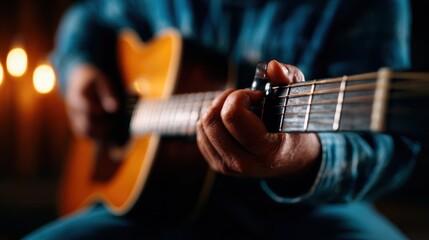 Fototapeta premium A musician skillfully playing an acoustic guitar, capturing the essence of music in a warm and subdued atmosphere that resonates with passion and artistry in every strum.