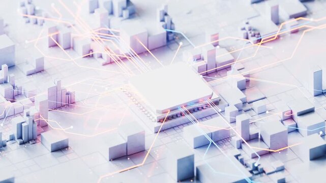 Digital processor chip with glowing data streams connecting abstract blocks on clean futuristic background motion.
