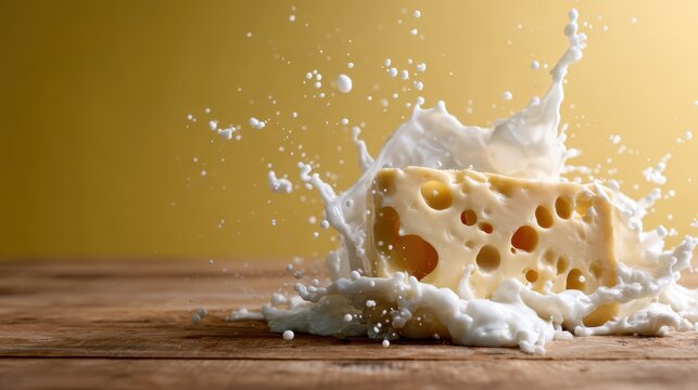A cheese block splashes milk dramatically, symbolizing the delightful contrast in textures and flavors that tantalizes the senses and enriches culinary experiences.