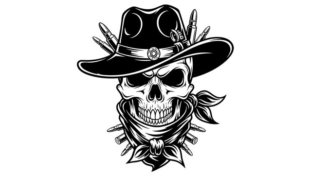 Outlaw Skull with Cowboy Hat and Bandana Illustration