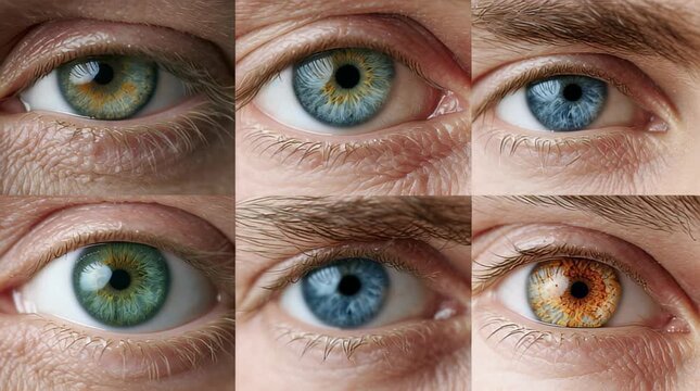 Unique eye colors and patterns displayed through close-up images of six different eyes in various shades and textures