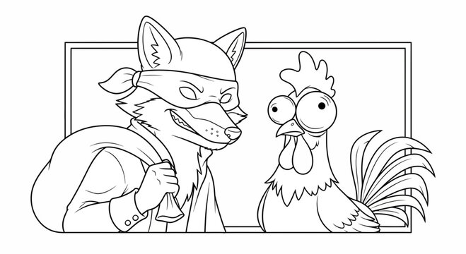 Sneaky Fox Bandit with Bag Meets Scared Rooster, Outline Illustration