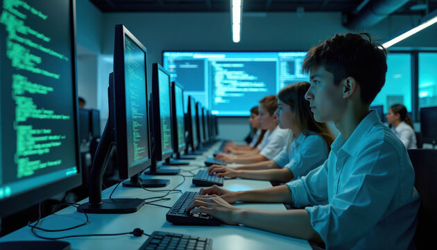 Teenagers learn programming in a computer lab class. Students code on monitors in a digital learning environment. Youth gain tech skills for future careers in IT.