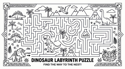 Dinosaur Labyrinth Maze Puzzle for Kids, Find the Way to the Nest, Vector Illustration © wati