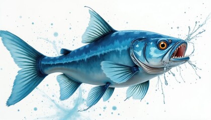 Fototapeta premium Blue fish splashes water. Underwater creature with sharp teeth swims fast. Aquatic animal illustration in watercolor style with dynamic movement and fluid art.