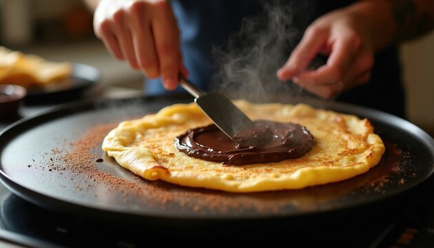 Person spreads chocolate on hot crepe with spatula. Steam rises from dessert on griddle pan. Making sweet french pancake with rich filling, home cooking or street food.