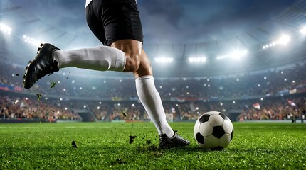 Fototapeta premium Professional soccer player kicking a ball on a green grass pitch inside a lit stadium with football