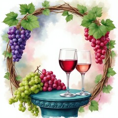 Fototapeta premium Illustration shows grapes in bunches, wine glasses. Wine colors red, rose. Decorative vine wreath frames grapes, drinks. Floral background with watercolor effect. Wine tasting event setup. Winery