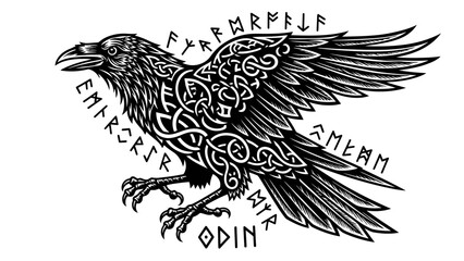 Obraz premium Viking Raven Illustration with Celtic Knotwork and Runes