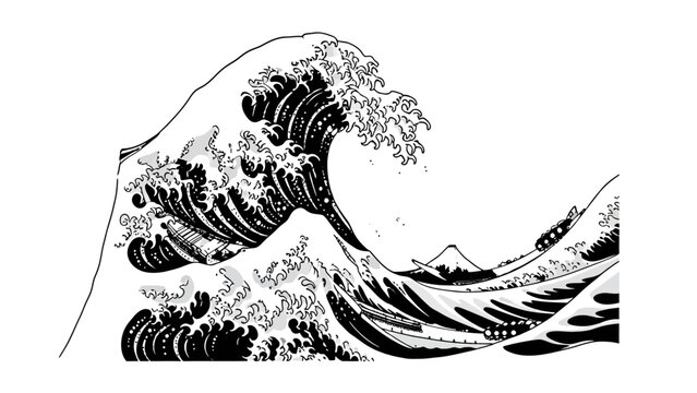 Large ocean wave with mountain peak illustration in black and white