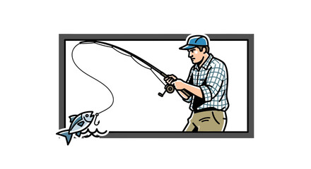 Naklejka premium Fisherman Catches Fish with Fishing Rod, Outdoor Hobby and Leisure Activity