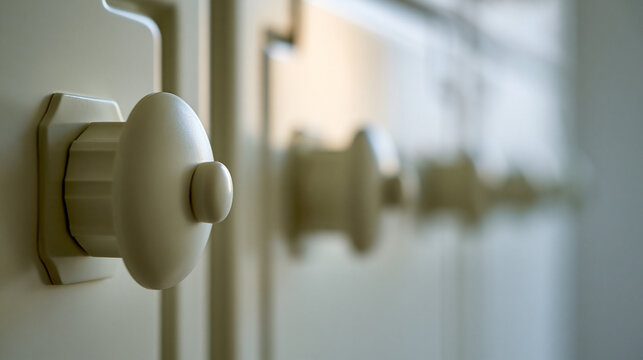 bakelite. Close-up of Art Deco style bakelite knobs on kitchen cabinet, vintage aesthetic. product launch decks, UI/UX mockups, designed for product launches and innovation pitches, clarifies data.