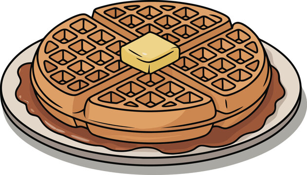 Classic Belgian waffle with butter and maple syrup on a plate vector illustration, breakfast food cartoon icon isolated on white background, sweet fluffy waffle with honey dripping