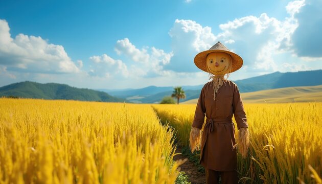 Straw man figure wears hat and brown outfit in golden wheat field. Tall stalks sway gently under sunny blue sky with clouds. Hills rise in background distance.