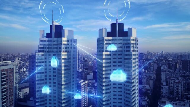 Futuristic cityscape with glowing digital clouds and network connections overlaying skyscrapers