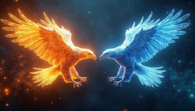 Two elemental eagles clash mid air. One eagle burns with fiery orange energy, other gleams with icy blue light. Opposing forces meet in cosmic void creating vibrant abstract contrast.