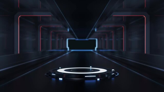 Futuristic empty sci-fi podium with neon light glowing in dark metallic corridor cinematic technology concept.