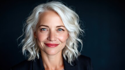 Fototapeta premium A smiling woman with flowing light hair and bright eyes against a dark background, exuding confidence, warmth, and an inviting presence that draws attention.