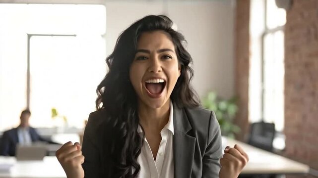 A happy professional woman celebrates a successful achievement in the office