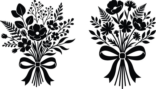 Black wildflower bouquet silhouette vector set isolated on white background. Two elegant detailed botanical flower tied with ribbons. Perfect for wedding invitations, Cricut vinyl laser cutting.