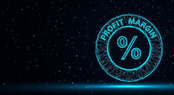 A glowing profit margin percentage icon on a dark, technological background with digital effects.