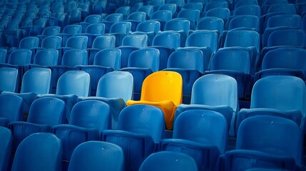 Fototapeta premium Stadium seats featuring rows of empty blue chairs with one single yellow chair stands out.