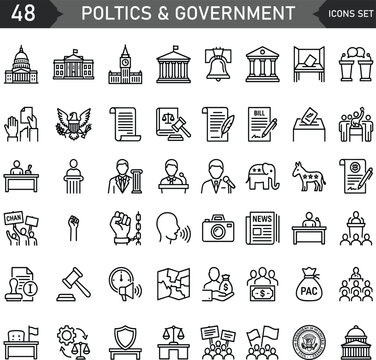 politics and government line icon set featuring democracy, election, and public policy symbols. Ideal for news apps, civic websites,editable.
