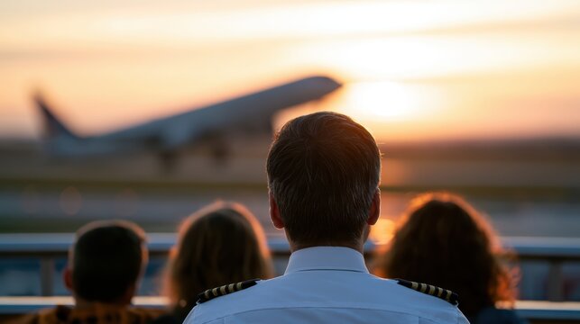 aviation professionals mentor students on an airport observation deck on national aviation day, with commercial aircraft taking off in the background this depicts career inspiration and stem