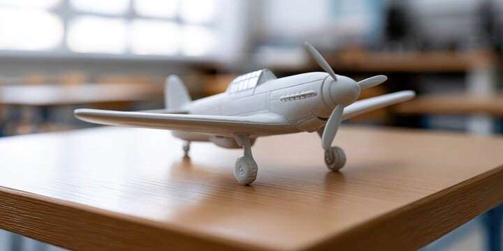 stem education concept for national aviation day with a detailed aircraft model and blurred classroom and engineering workshop background offers high-demand premium educational content