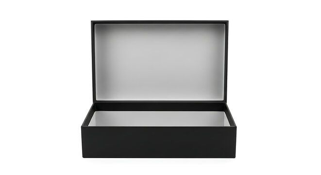 Open empty black cardboard gift box with interior tray cardboard packaging container delivery shipping presentation rectangular organizer